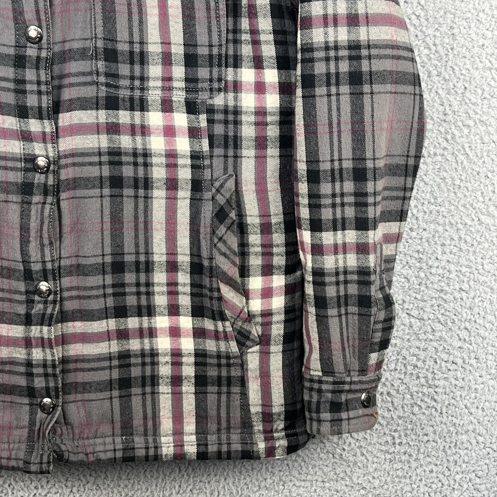 Wolverine Womens M Sherpa Lined Flannel Shirt Jacket Shacket Snap Up Grey Plaid - Picture 4 of 12